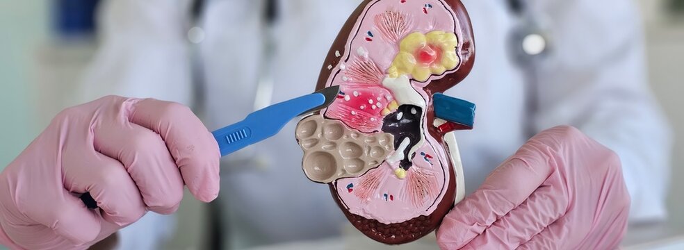 Kidney and adrenal surgery and medical surgical intervention in the hands of a doctor