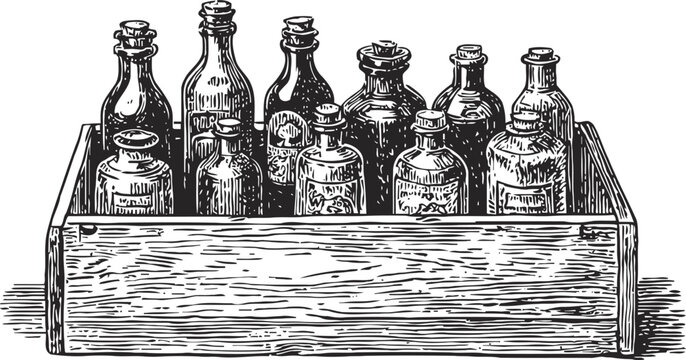 Vintage wooden crate with assorted old glass bottles and jars detailed line art illustration