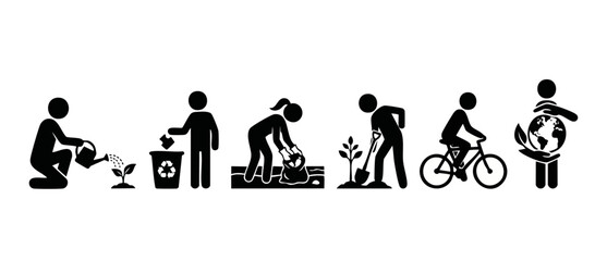 Obraz premium Sustainability Icon Set, People Practicing Environmental Protection, Eco Friendly Lifestyle Activities, Recycling Planting Cycling Earth Conservation Symbols, Flat Black Vector Illustrations For Green