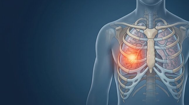 Anatomical illustration of human lungs with a highlighted area of pain or inflammation
