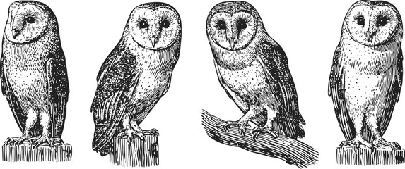 Fototapeta premium Hand drawn barn owls perched on wood branches and stumps vintage black and white bird illustrations set