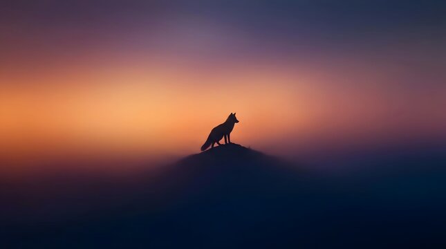 Solitary fox silhouette stands on misty hill at magical twilight.