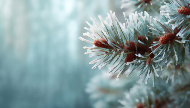 Close-up frosted evergreen branch with pinecones in soft, cool light