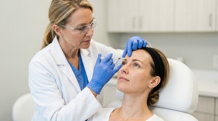 Fototapeta premium Doctor administering cosmetic injection to patient's forehead in a clinic