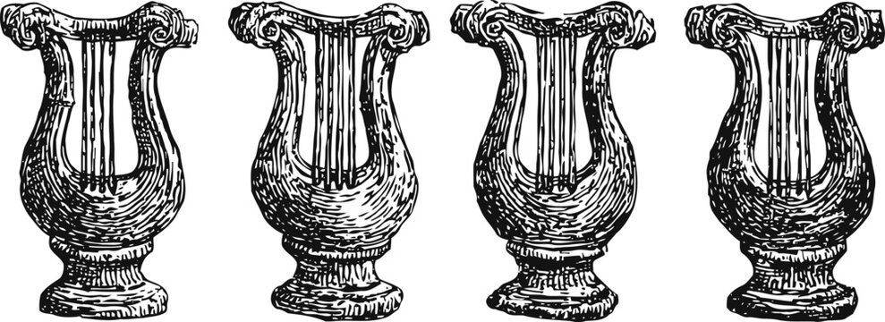 Vintage lyre illustrations set four hand drawn musical string instruments in classical