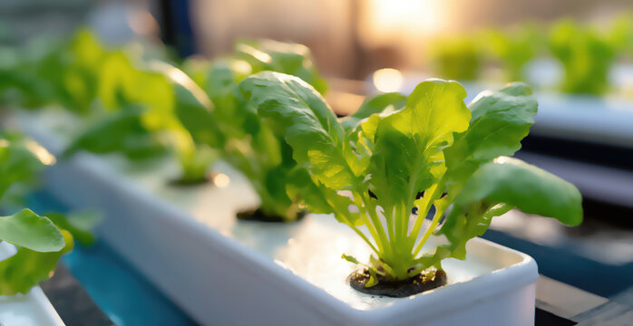 Fresh green lettuce sprouts growing in a hydroponic system under soft light