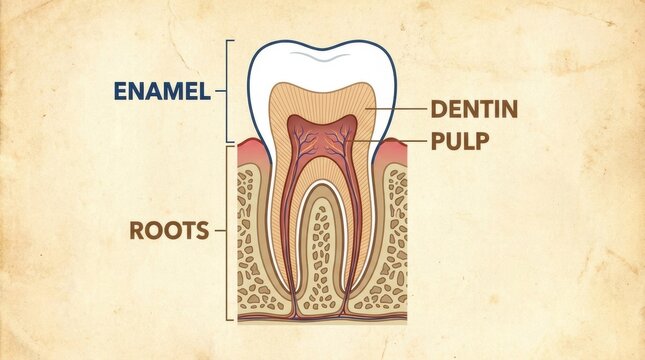 Detailed cross-section illustration of a human tooth showing its internal structure and layers