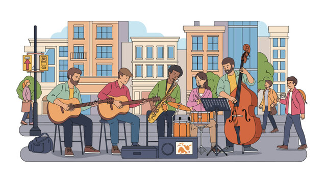Diverse group of street musicians performing live jazz music with instruments like guitar, saxophone, and bass on a busy urban sidewalk.