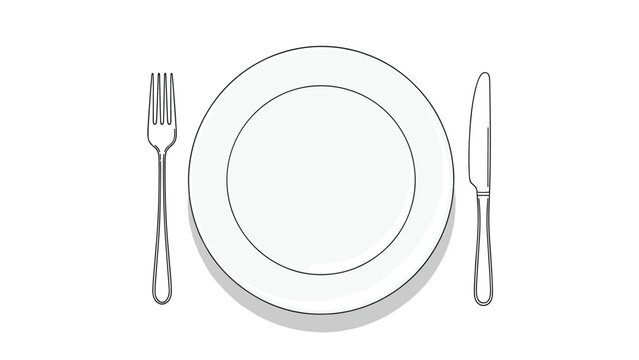 Minimalist top view outline of a dinner plate set with a fork on the left and a knife on the right for table etiquette.