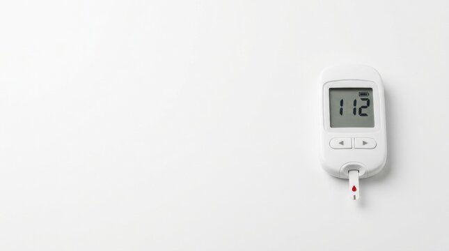 Digital glucose meter shows 112 reading with blood drop on test strip
