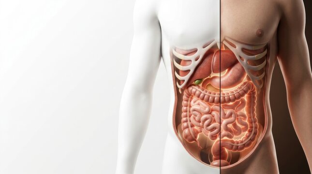 Detailed 3D illustration of the human digestive system and internal organs