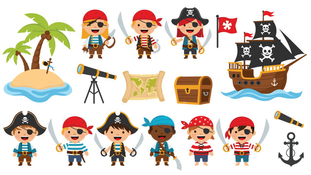Fun pirate adventure themed illustrations including kids in costumes, a ship, island, treasure chest, map, and nautical tools.