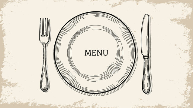 Vintage style drawing of an empty plate with the word menu in the center flanked by a fork and a knife on a textured background.