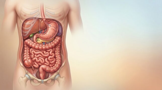 Detailed illustration of the human digestive system and internal organs