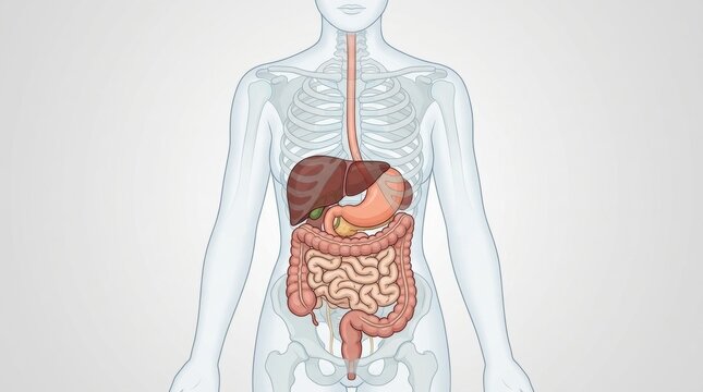 Human digestive system anatomy illustration with organs and skeleton outline