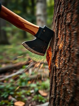 Blurred motion of an axe striking a thick tree trunk during a rapid woodcutting operation,  forest,  blur