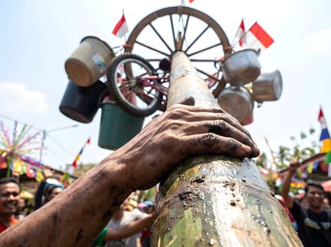 Man's hands gripping greasy pole during traditional Panjat Pinang game