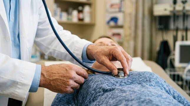 Doctor using stethoscope to examine patient's chest during medical checkup