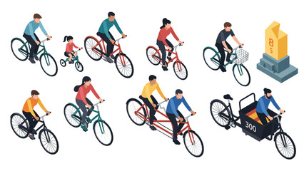 Obraz premium Isometric collection of people riding different types of bicycles such as mountain bikes, a tricycle, a tandem bike, and a cargo bike.