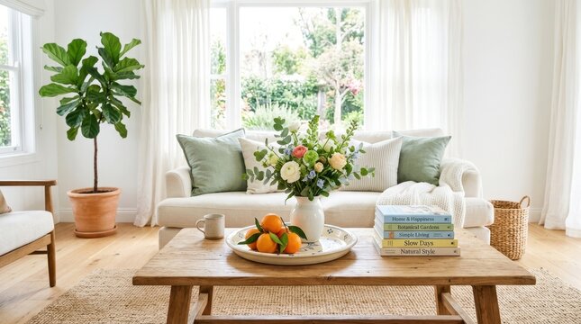 Bright living room with fiddle leaf fig plant and fresh floral arrangement