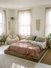 Fototapeta premium Cozy bohemian bedroom interior with warm peach and pink bedding