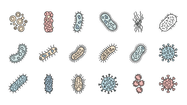 Set of hand drawn bacteria and virus icons representing various germs and microorganisms for medical or scientific use.