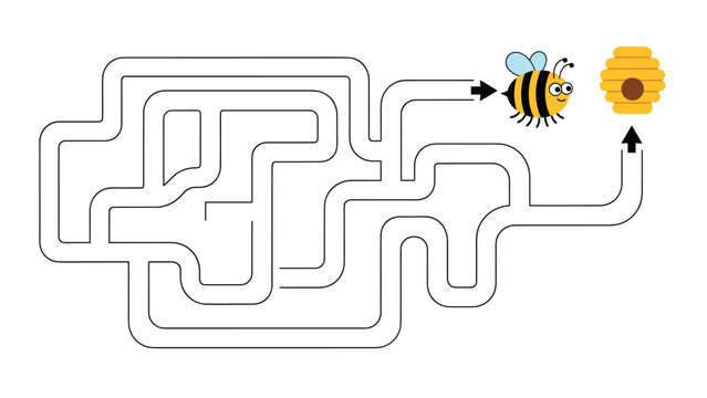 Educational maze puzzle game for children featuring a cute cartoon bee trying to find its way to a yellow honeycomb hive.