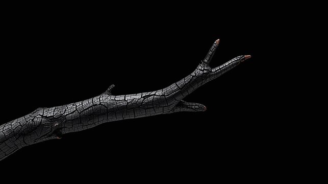 Charred Tree Branch Against Black Background