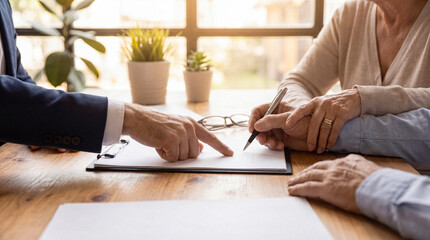 Elderly couple signing legal documents with a lawyer's assistance, emphasizing trust and crucial financial decisions. © Nicole