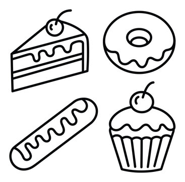 Simple Line of Delicious Desserts: Cake, Donut, Eclair, and Cupcake