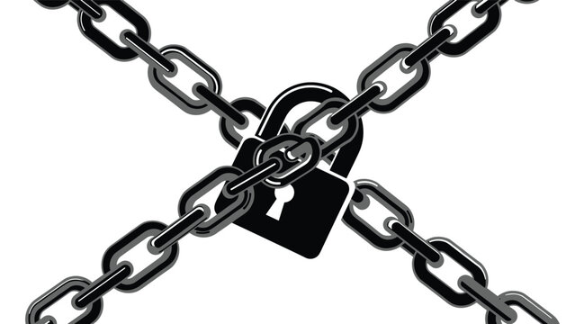 Heavy black chains arranged in a cross shape with a large padlock in the center to symbolize security, confinement, or restriction.