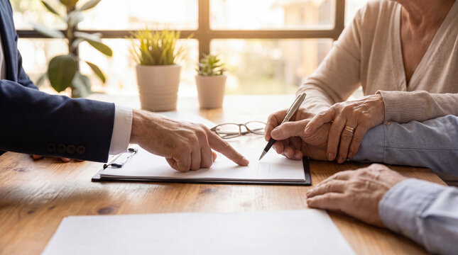 Elderly couple signing legal documents with a lawyer's assistance, emphasizing trust and crucial financial decisions.
