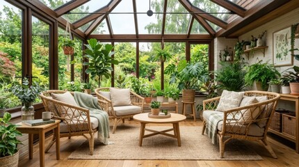 Fototapeta premium Cozy greenhouse interior with lush greenery and rattan furniture