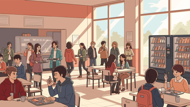 Lively scene of a crowded school cafeteria where students are eating, socializing, and buying snacks from vending machines.