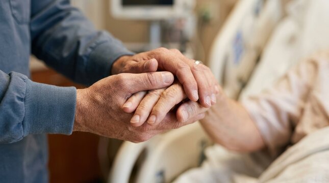Gentle hands holding in a hospital bed, offering comfort and support to a patient