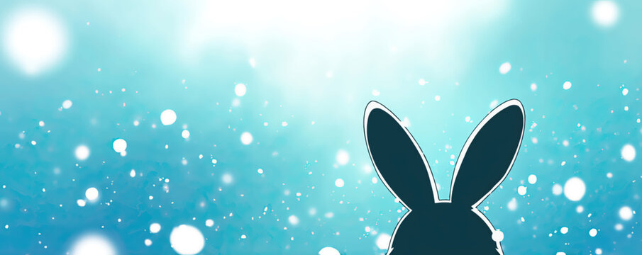Silhouette of rabbit ears against a dreamy blue background with bokeh lights