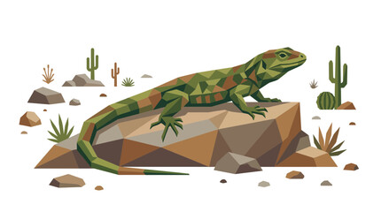 Fototapeta premium Geometric Desert Lizard on Rock, Polygonal Style, Cactus and Desert Landscape