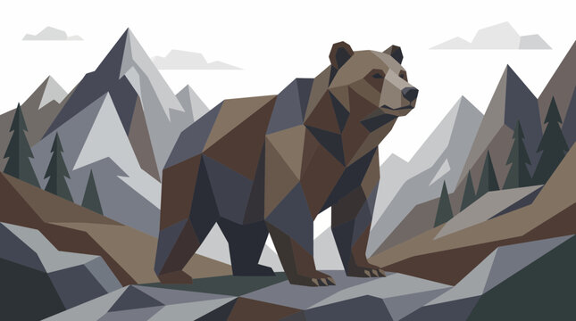 Geometric Bear Standing on Rocky Ground with Mountains and Trees Background