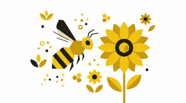 Geometric Bee Flying Towards Sunflower, Minimalist Vector Illustration