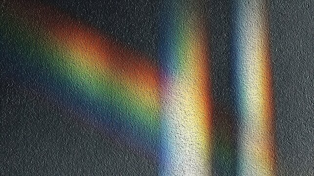  Textured dark gray abstract background with vivid light refraction effect, vertical diagonal spectral color bands of rainbow hues, grainy diffused prism flare texture arching upward from left side