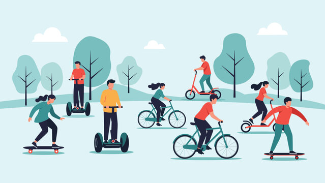 Active people enjoying various forms of micro-mobility including electric scooters, bicycles, skateboards, and segways in a scenic public park.