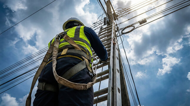 Utility worker climbing ladder to service power lines against blue sky, representing electrical maintenance, infrastructure work, and safety in energy distribution systems.