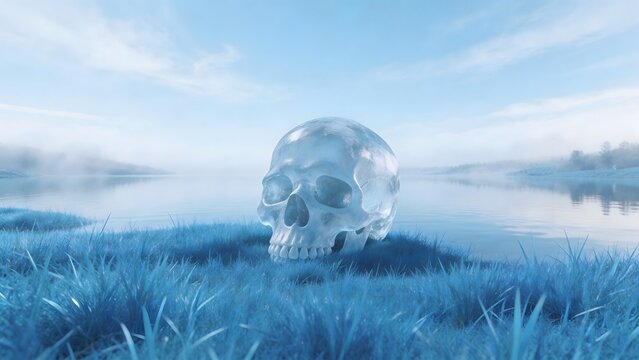 Ice skull on grass by water