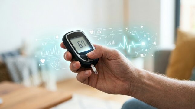 Person checking blood glucose levels with a digital meter and health data overlay