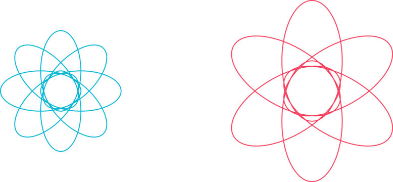 Blue and red guilloche spirograph geometric patterns with interlocking elliptical lines on white background illustration