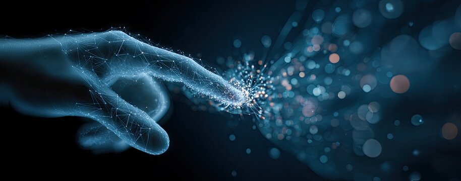 Digital hand interacting with glowing particles, representing data flow