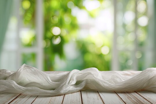 Soft white fabric draped over a rustic wooden table with a blurred green garden background
