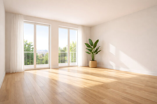 Bright empty modern room with large windows, wooden floor, and indoor plant, creating peaceful minimal interior space filled with natural light and contemporary home design.