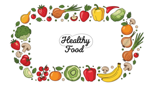 Circular border made of various fresh vegetables and fruits surrounding healthy food text in a stylish font on a plain white background.