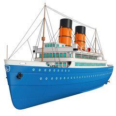 Naklejka premium Large blue passenger cruise ship with tall orange smokestacks sailing on the ocean isolated on transparent background